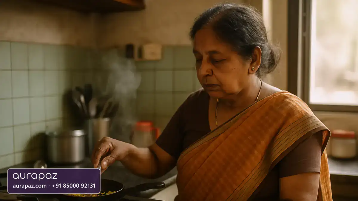 An older South Asian woman in her sixties tempering spices in a small pan in her home kitchen