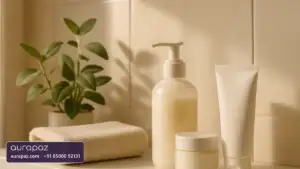 A plain cleanser pump bottle, a moisturiser jar and a sunscreen tube on a bathroom shelf beside a folded face towel and a green plant