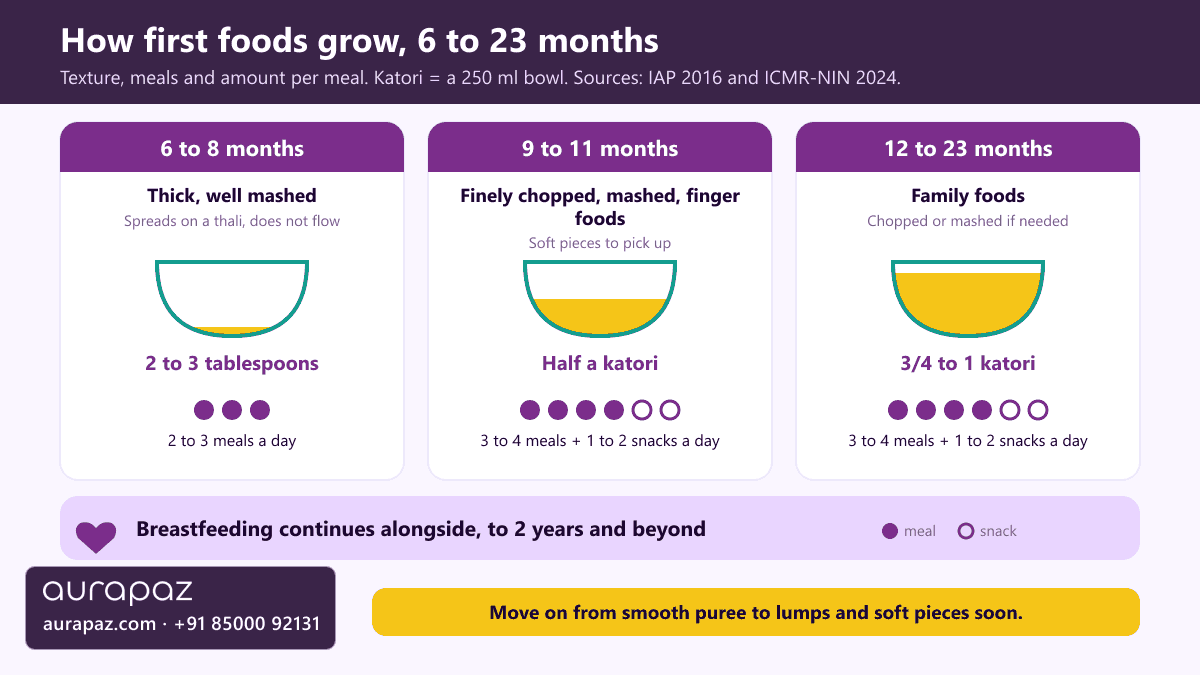 Explainer graphic of how texture, meals and portion size grow from 6 to 23 months, from thick mashed food 2 to 3 times a day in 2 to 3 tablespoons, to chopped food and finger foods in half a 250 ml katori, to family foods in three quarters to one katori, with breastfeeding continuing to two years and beyond