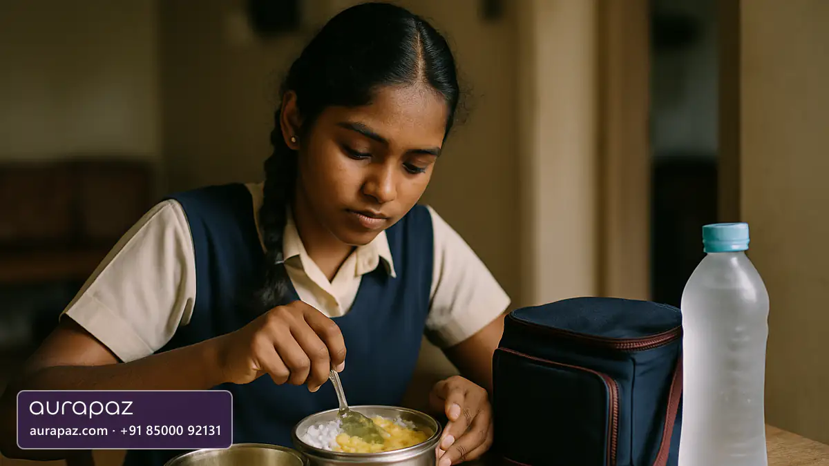 A teenage schoolgirl in uniform packing rice and dal into a stainless steel tiffin, with an insulated lunch bag and a frozen water bottle beside her