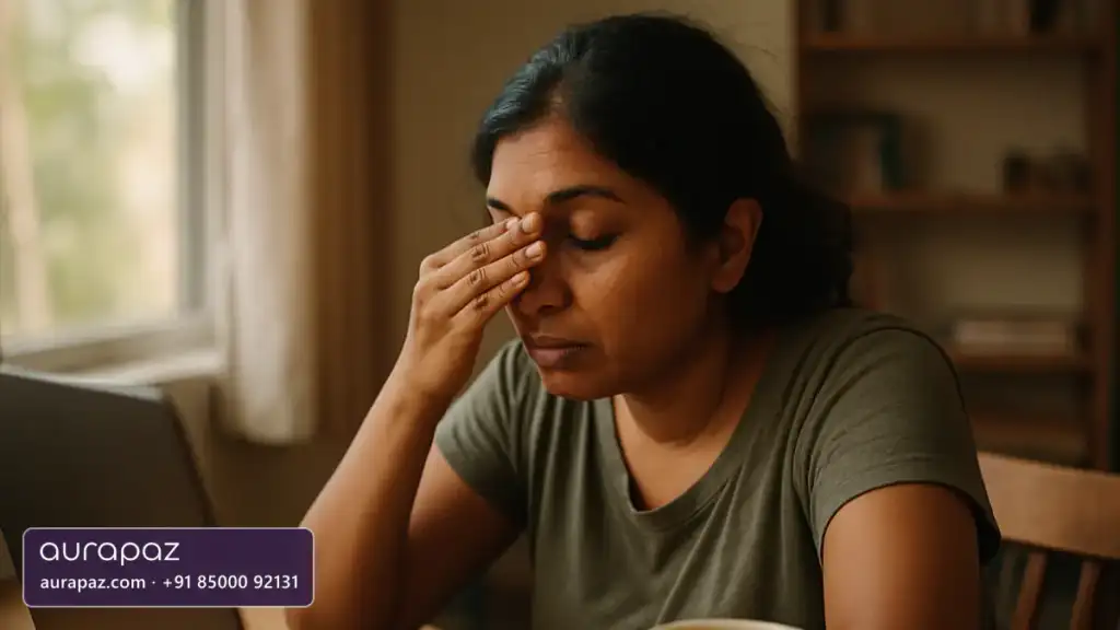 A woman in her early thirties of South Asian heritage at a home desk in the afternoon, eyes closed, pressing a hand to her face in tiredness