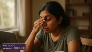A woman in her early thirties of South Asian heritage at a home desk in the afternoon, eyes closed, pressing a hand to her face in tiredness