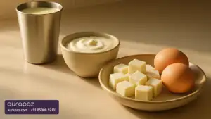 A steel tumbler of milk, a bowl of curd, a plate of paneer cubes and two eggs on a kitchen counter in morning light
