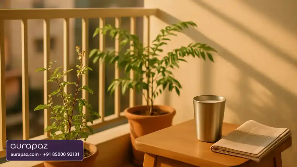 Sunlight on a small Indian apartment balcony with potted tulsi and curry leaf plants, a steel tumbler of milk and a folded newspaper on a wooden stool