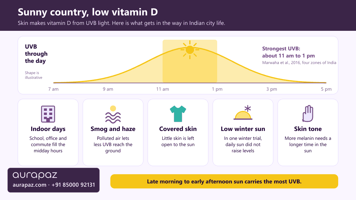 Explainer graphic showing a curve of UVB through the day peaking from about 11 am to 1 pm, above five barriers to making vitamin D in Indian city life: indoor days, smog and haze, covered skin, low winter sun and skin tone