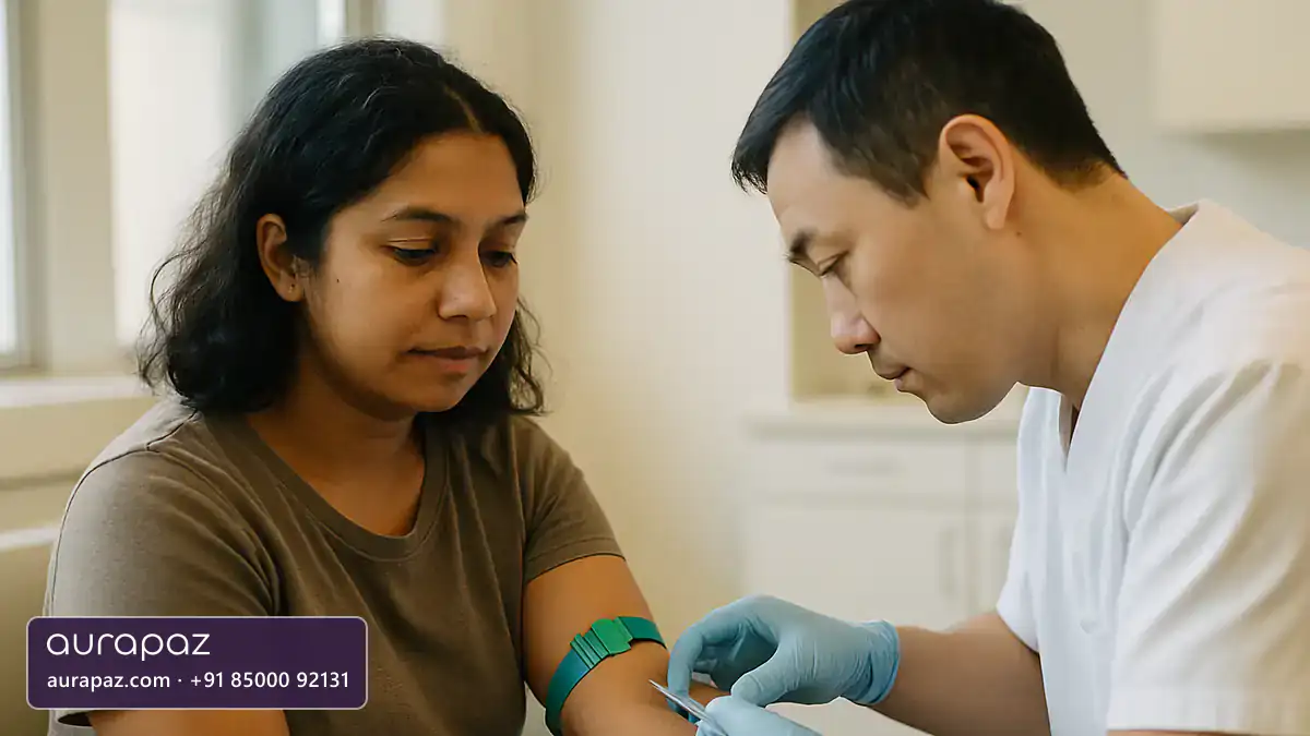 A woman in her thirties of South Asian heritage having a blood sample taken by a phlebotomist, a man of East Asian heritage, in a clean clinic