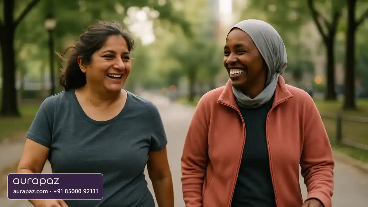 Two women in their late forties, one South Asian and one of East African heritage, on a brisk morning walk together in a city park