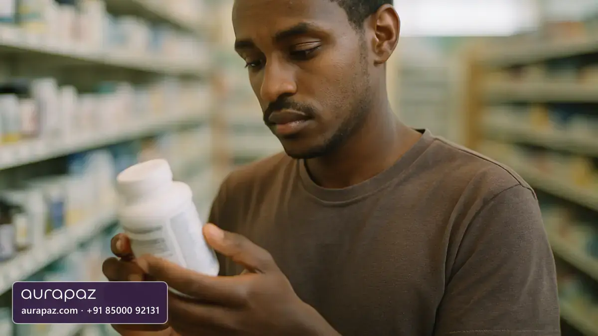 A young man in his twenties of East African heritage reading the back of a supplement bottle in a pharmacy aisle