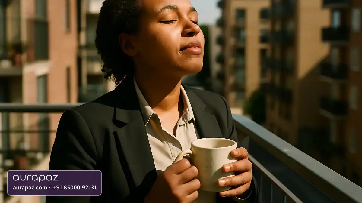 A young woman office worker of East African heritage taking a short sun break on an apartment balcony